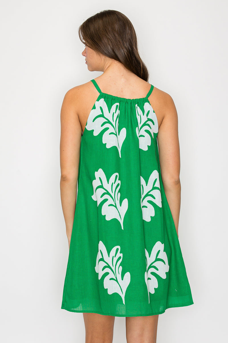 Green Leaves Placement Print Mini Halter Dress