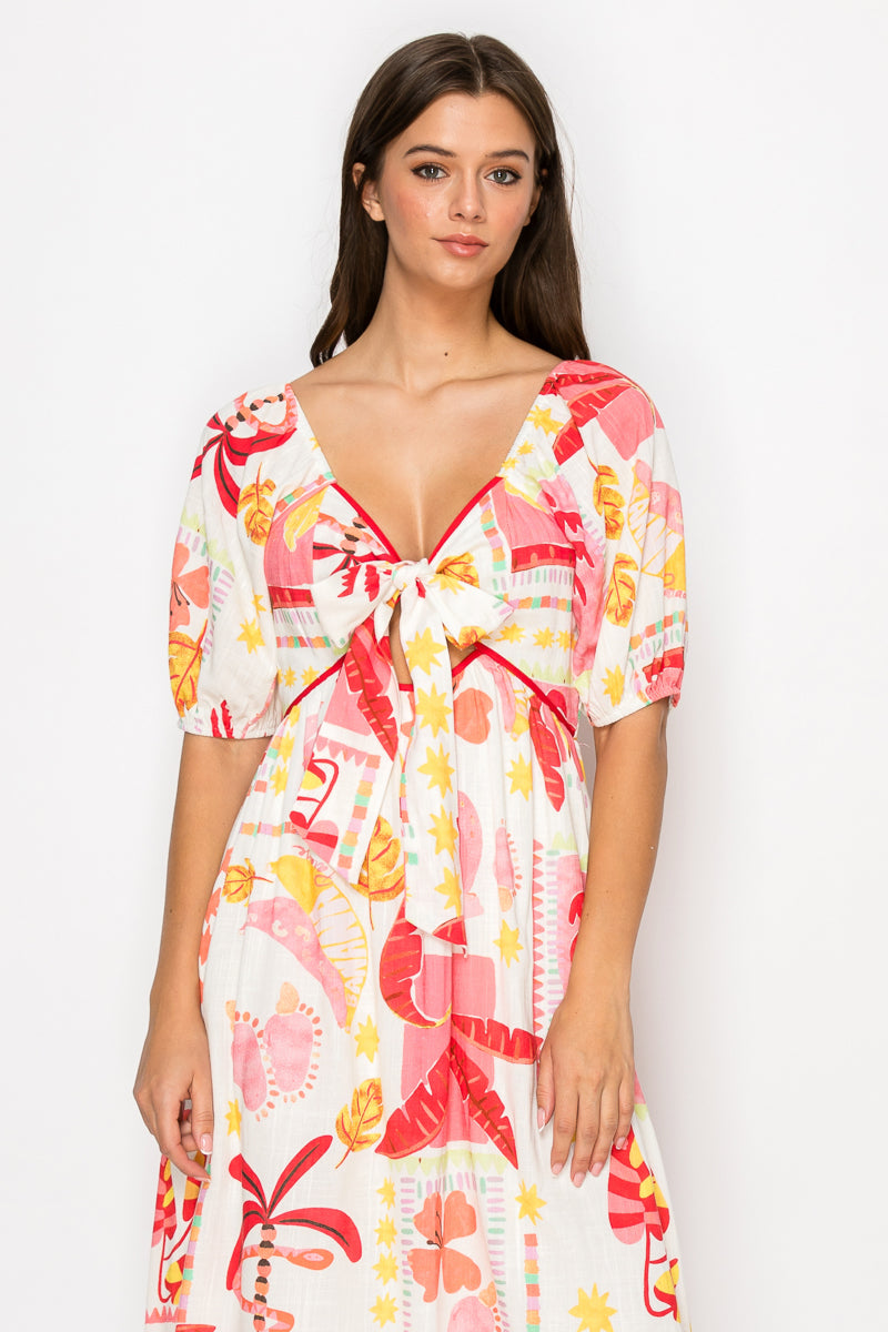 Pink Banana Retro Tropical Print Midi Dress