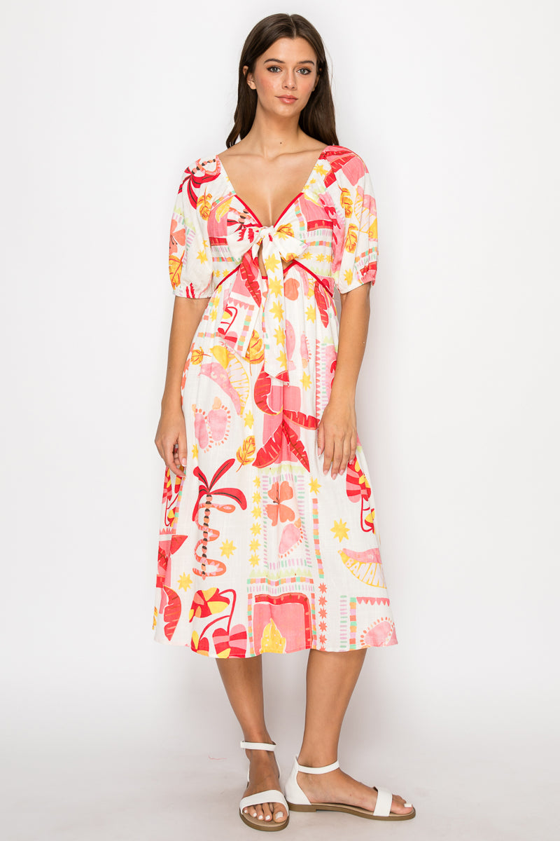 Pink Banana Retro Tropical Print Midi Dress