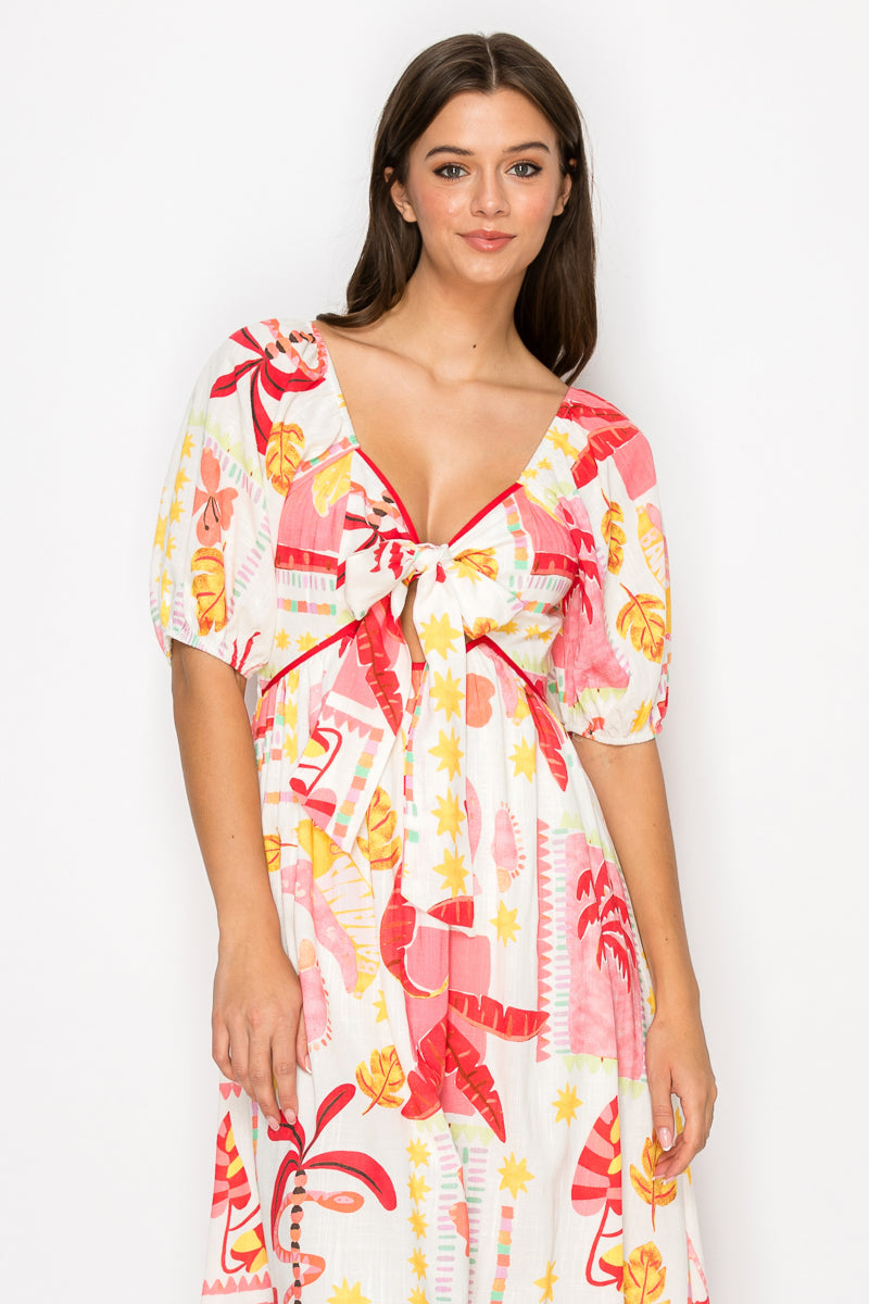 Pink Banana Retro Tropical Print Midi Dress