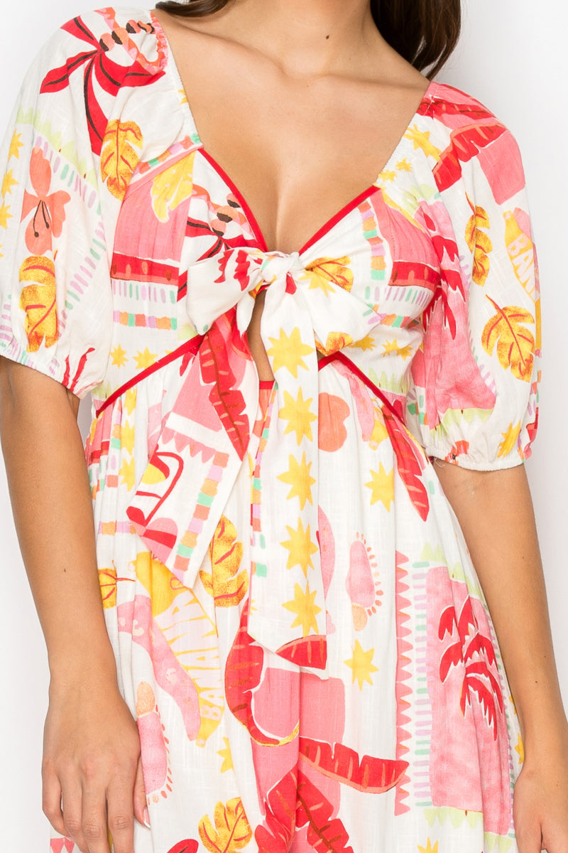 Pink Banana Retro Tropical Print Midi Dress