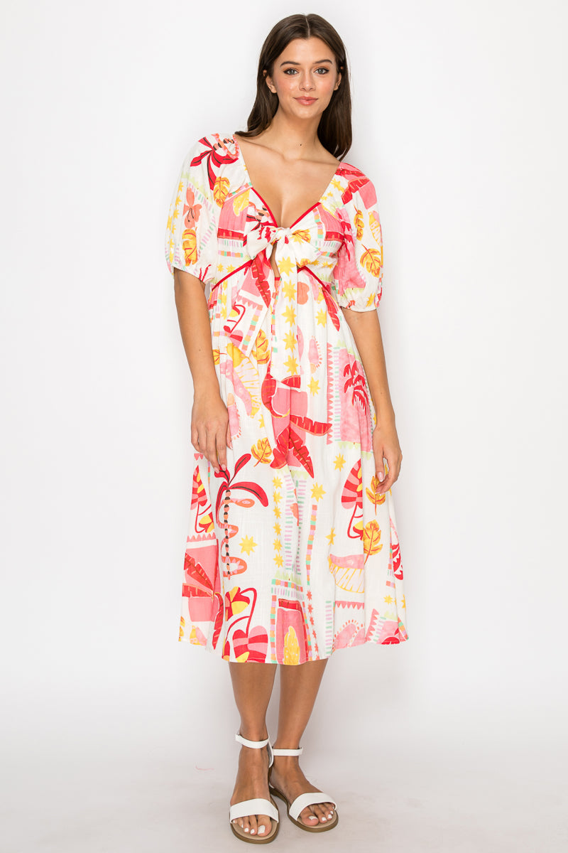 Pink Banana Retro Tropical Print Midi Dress