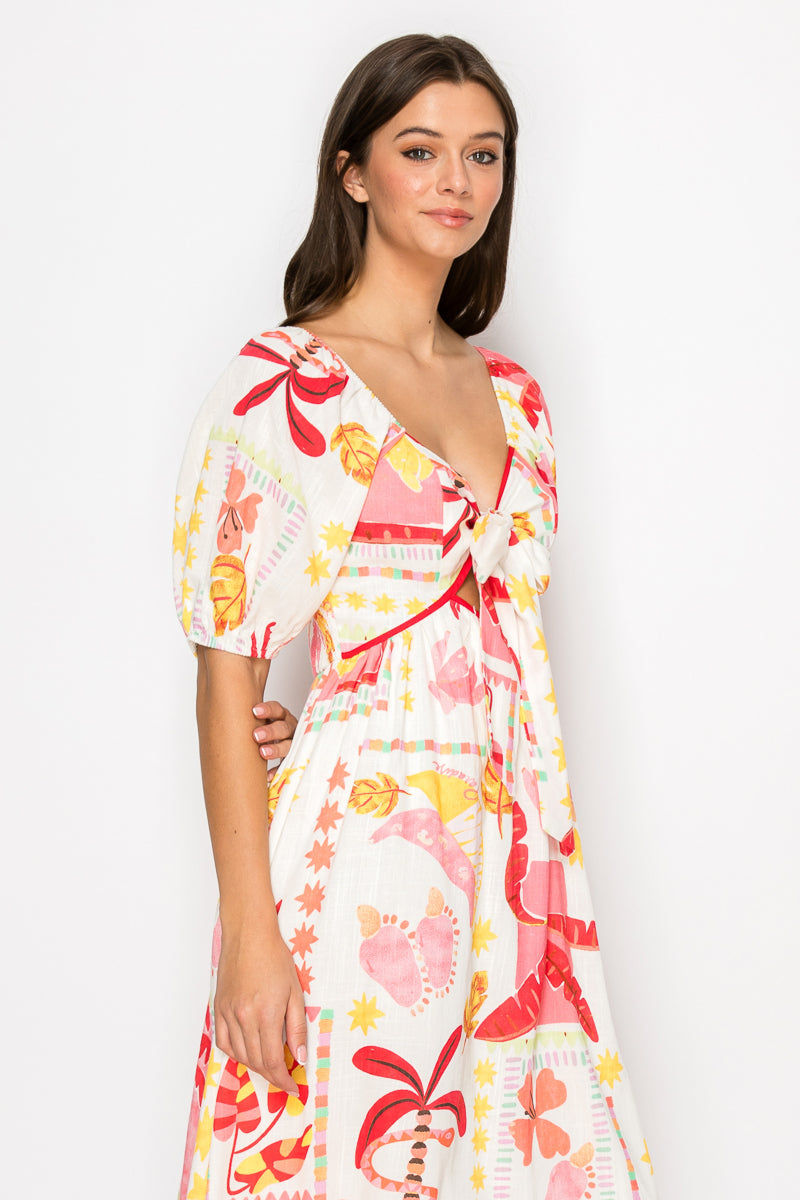 Pink Banana Retro Tropical Print Midi Dress
