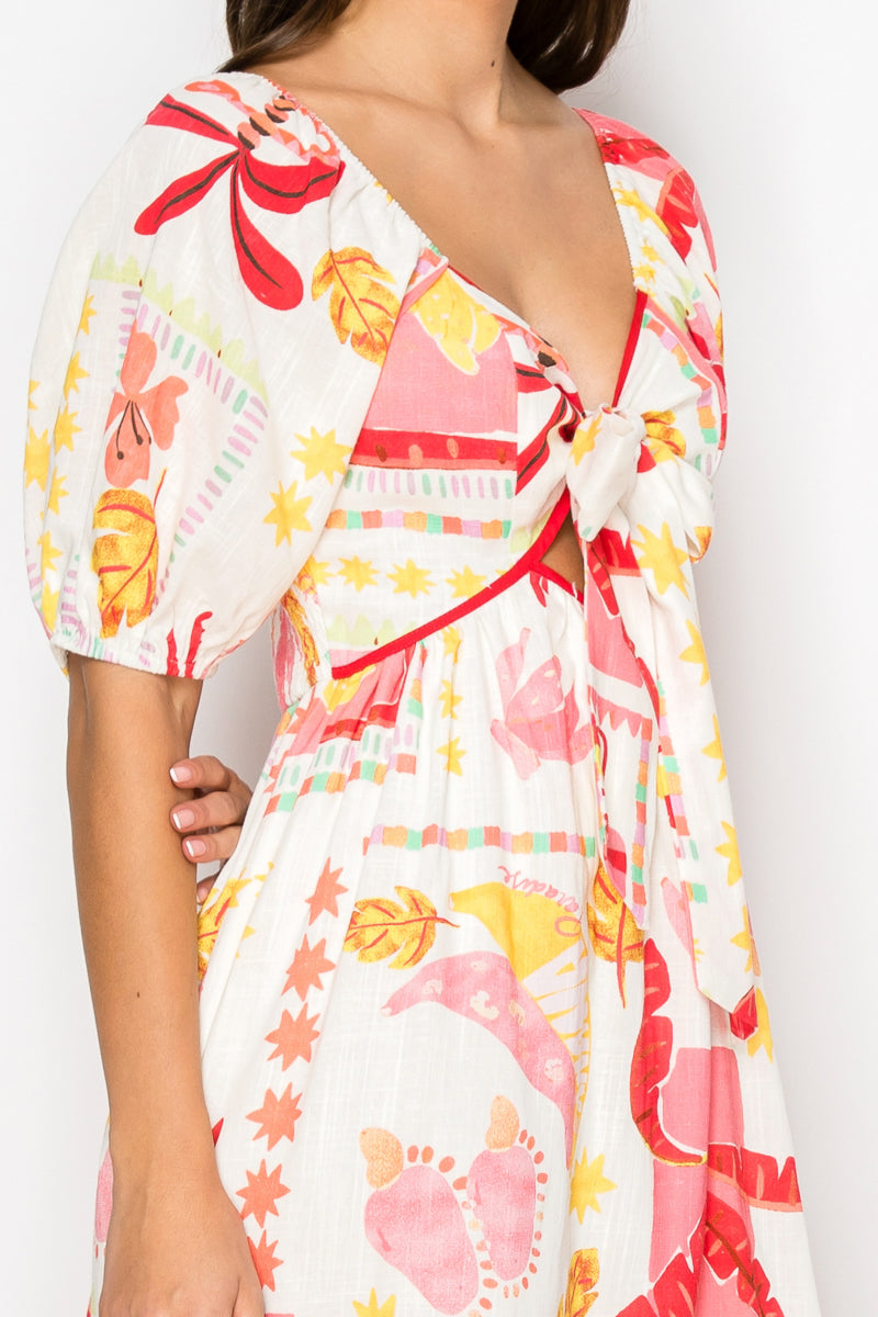 Pink Banana Retro Tropical Print Midi Dress
