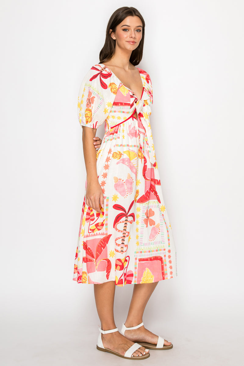 Pink Banana Retro Tropical Print Midi Dress