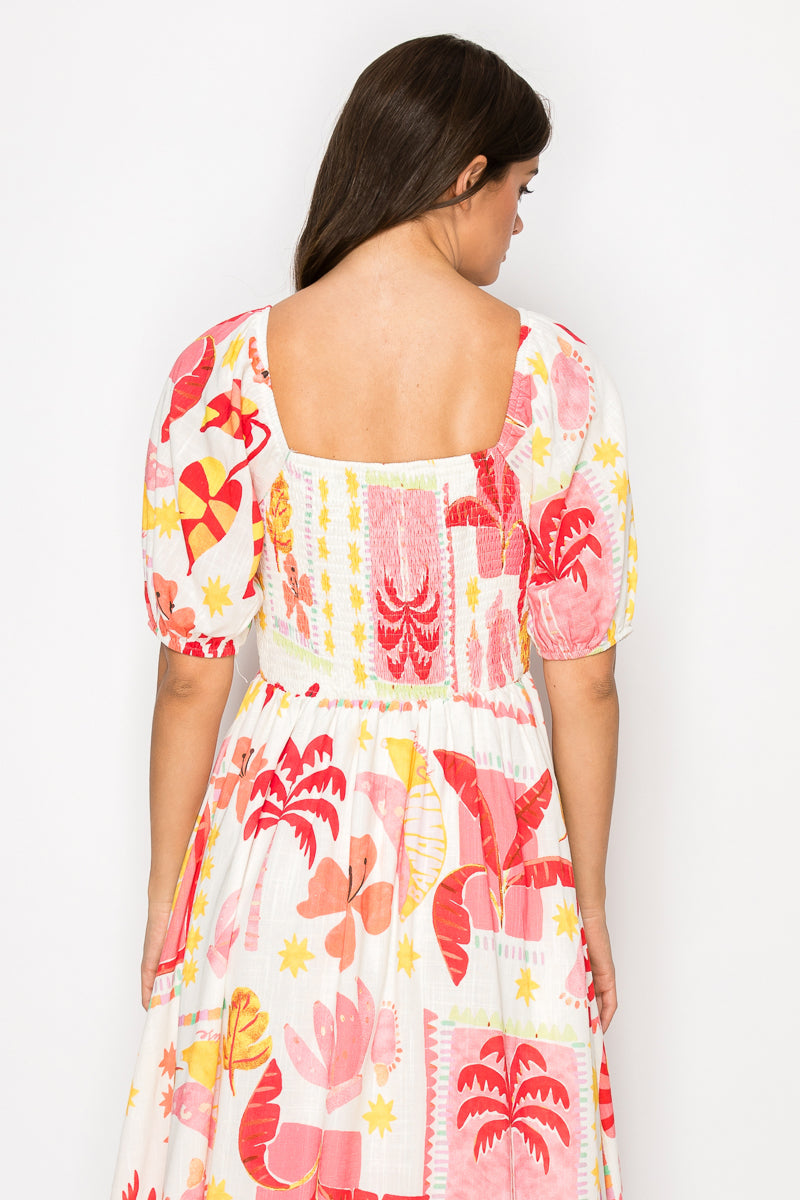 Pink Banana Retro Tropical Print Midi Dress