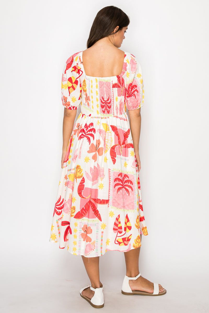 Pink Banana Retro Tropical Print Midi Dress