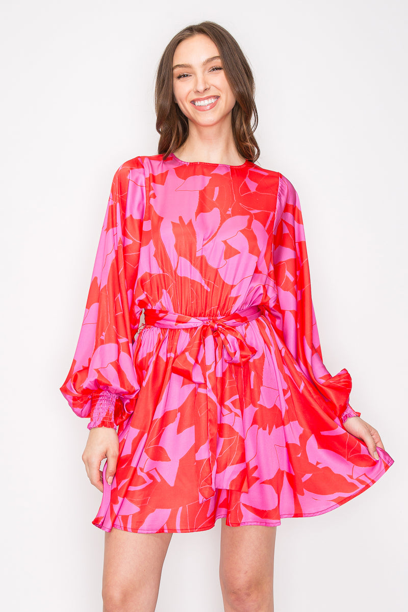 Abstract Print Mini Dress with Long Sleeves Bold Red & Pink Abstract Mini Dress