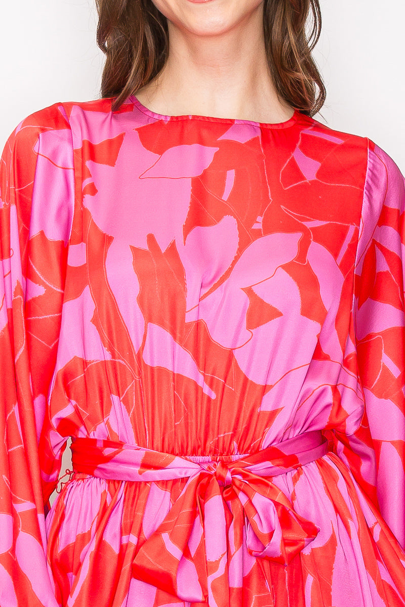 Abstract Print Mini Dress with Long Sleeves Bold Red & Pink Abstract Mini Dress