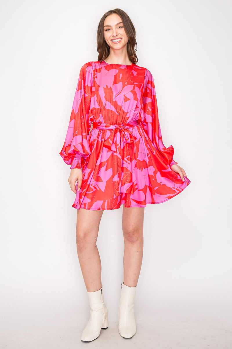 Abstract Print Mini Dress with Long Sleeves Bold Red & Pink Abstract Mini Dress