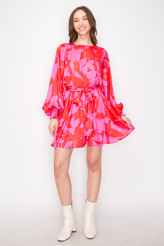 Abstract Print Mini Dress with Long Sleeves Bold Red & Pink Abstract Mini Dress