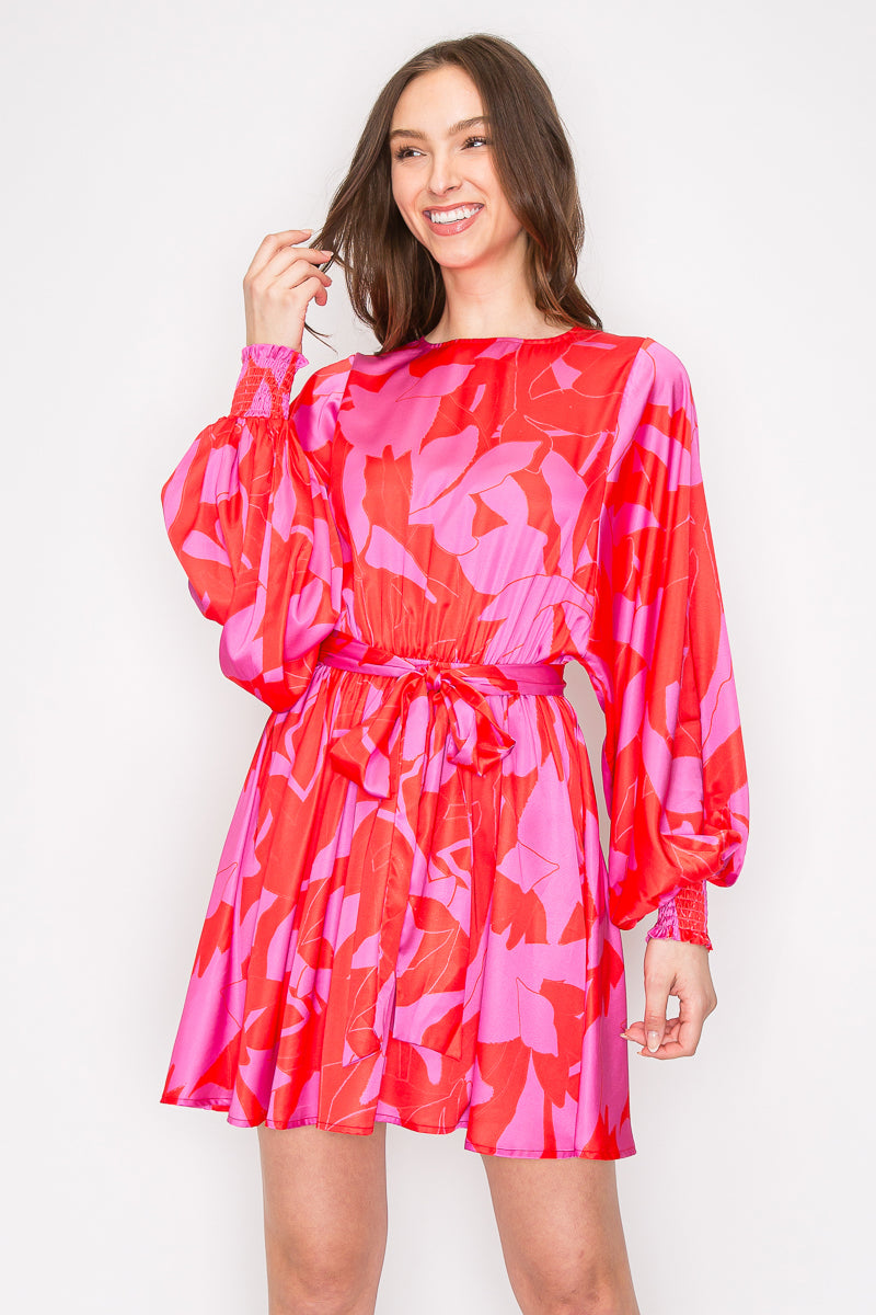Abstract Print Mini Dress with Long Sleeves Bold Red & Pink Abstract Mini Dress