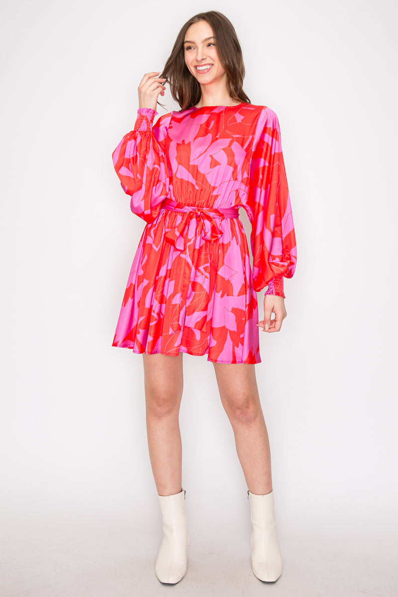 Abstract Print Mini Dress with Long Sleeves Bold Red & Pink Abstract Mini Dress
