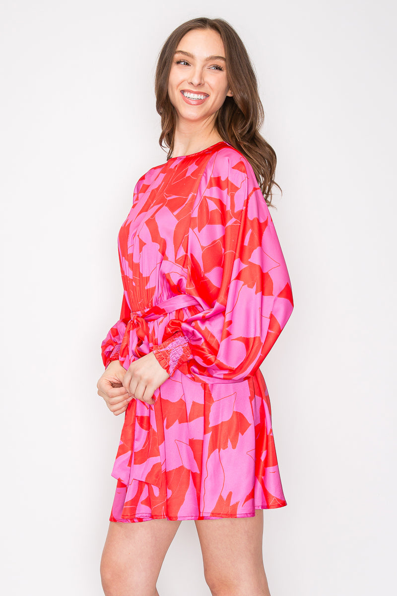 Abstract Print Mini Dress with Long Sleeves Bold Red & Pink Abstract Mini Dress