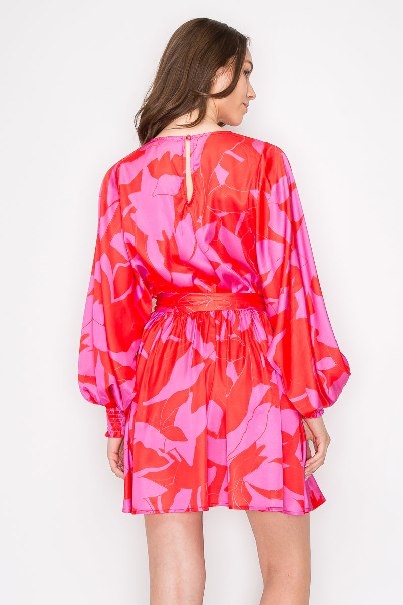 Abstract Print Mini Dress with Long Sleeves Bold Red & Pink Abstract Mini Dress