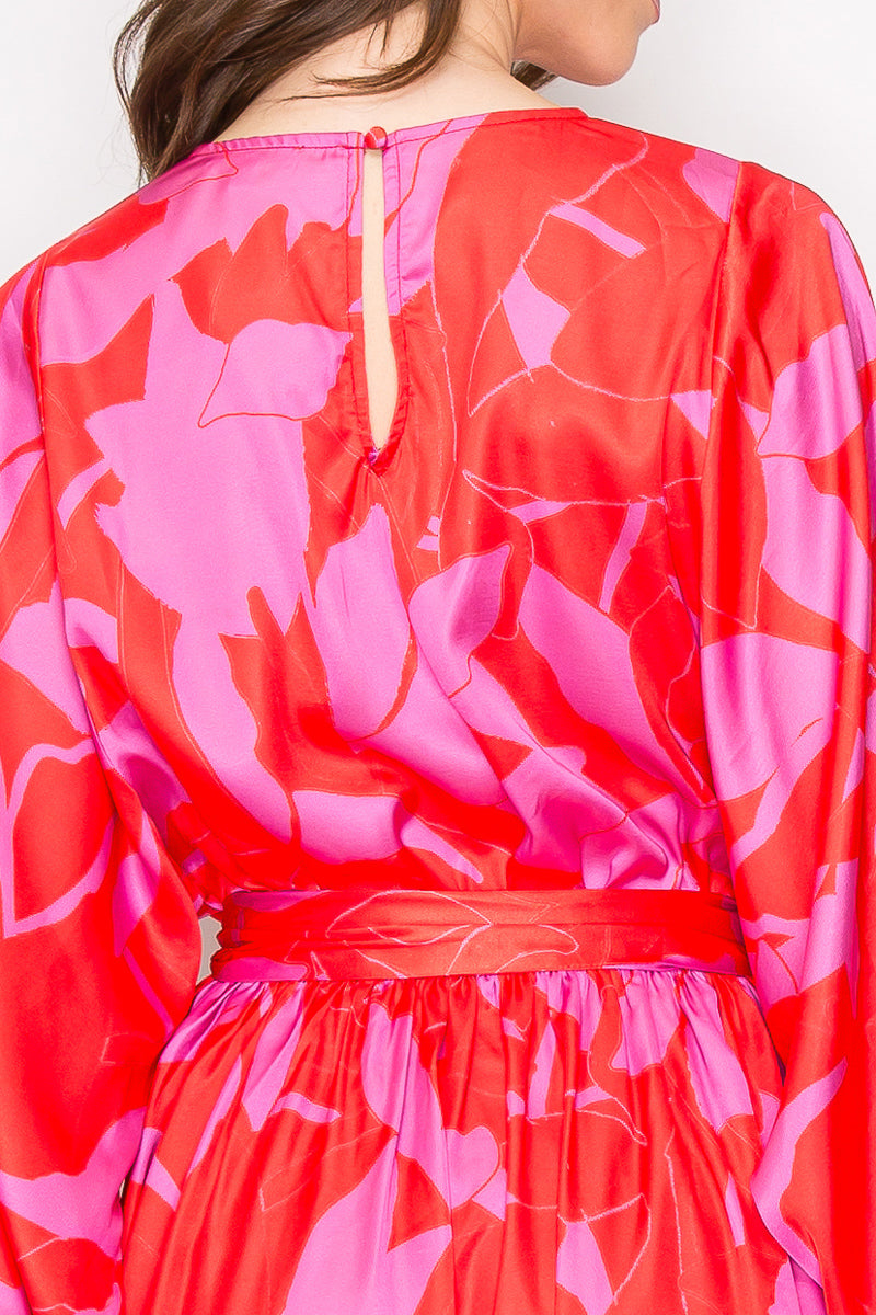 Abstract Print Mini Dress with Long Sleeves Bold Red & Pink Abstract Mini Dress