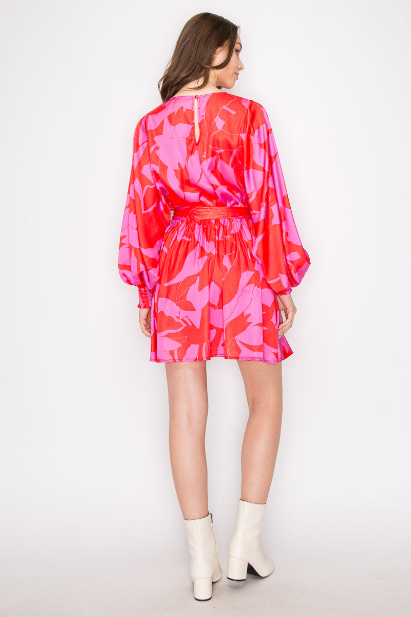 Abstract Print Mini Dress with Long Sleeves Bold Red & Pink Abstract Mini Dress
