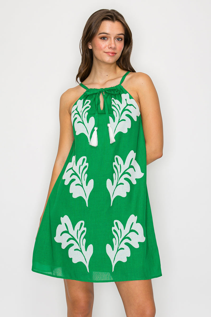 Green Leaves Placement Print Mini Halter Dress