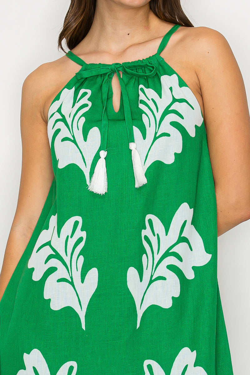 Green Leaves Placement Print Mini Halter Dress