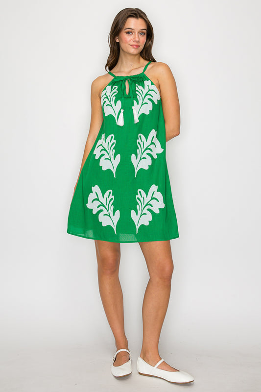 Green Leaves Placement Print Mini Halter Dress