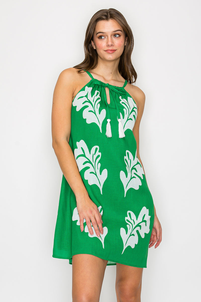 Green Leaves Placement Print Mini Halter Dress