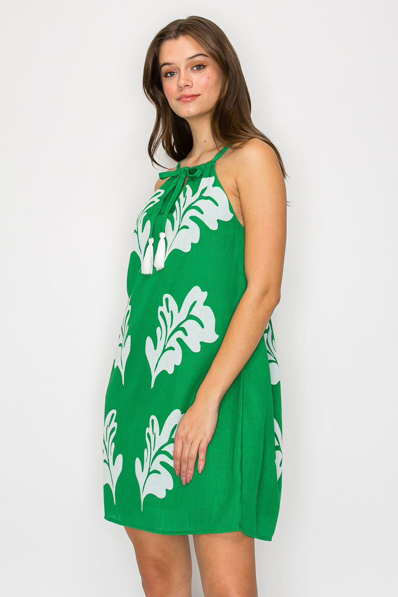 Green Leaves Placement Print Mini Halter Dress