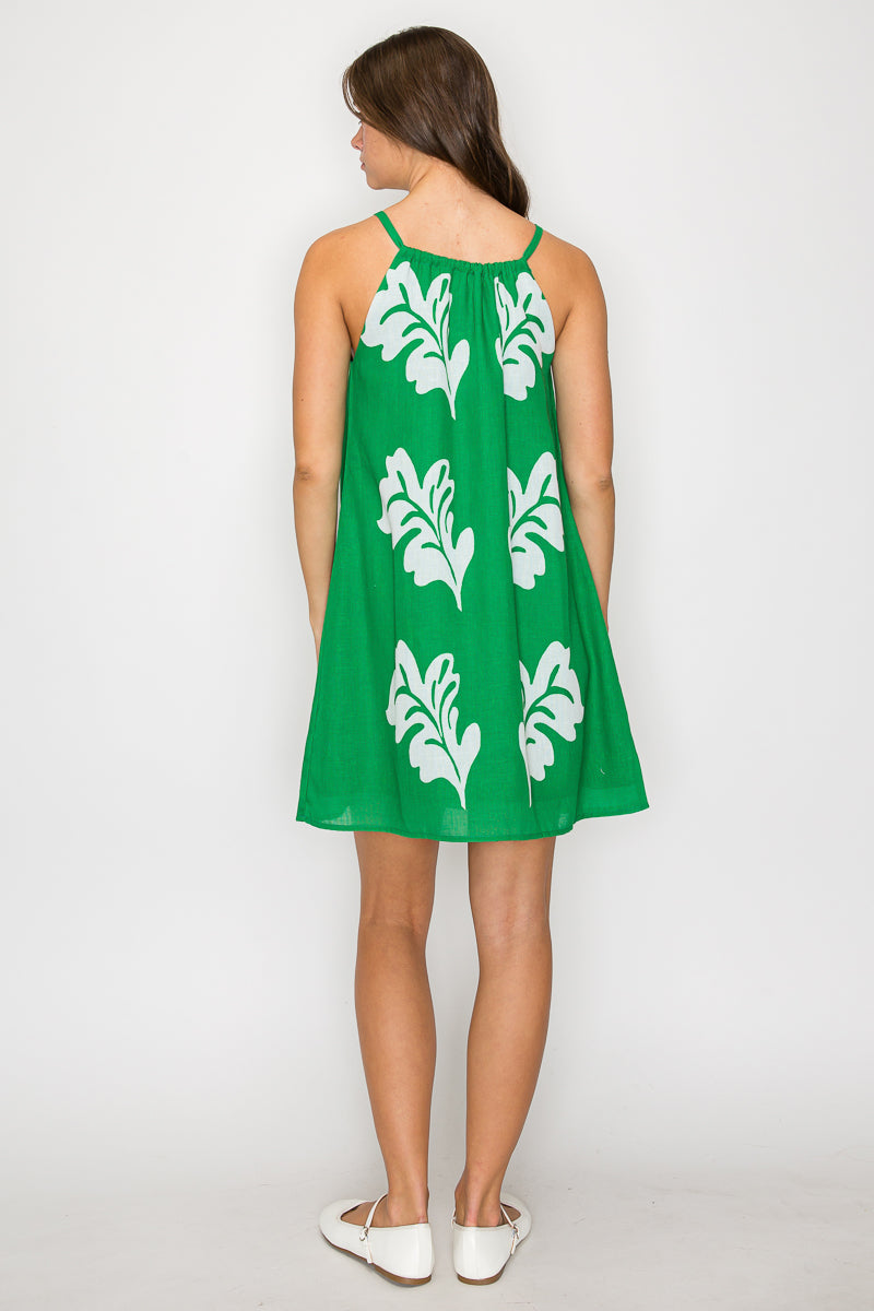 Green Leaves Placement Print Mini Halter Dress