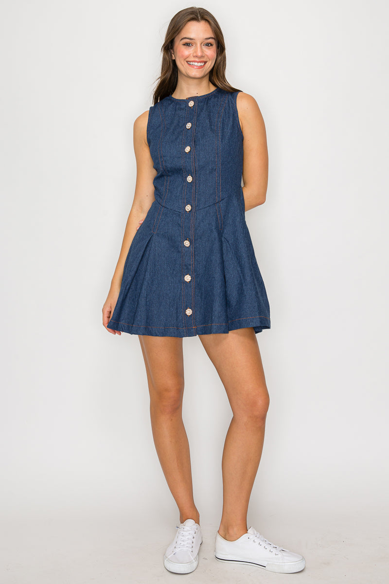 Denim Fit & Flare Mini Dress with Pearl Jewel Button