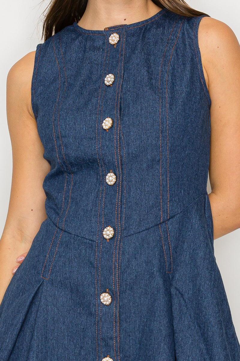 Denim Fit & Flare Mini Dress with Pearl Jewel Button