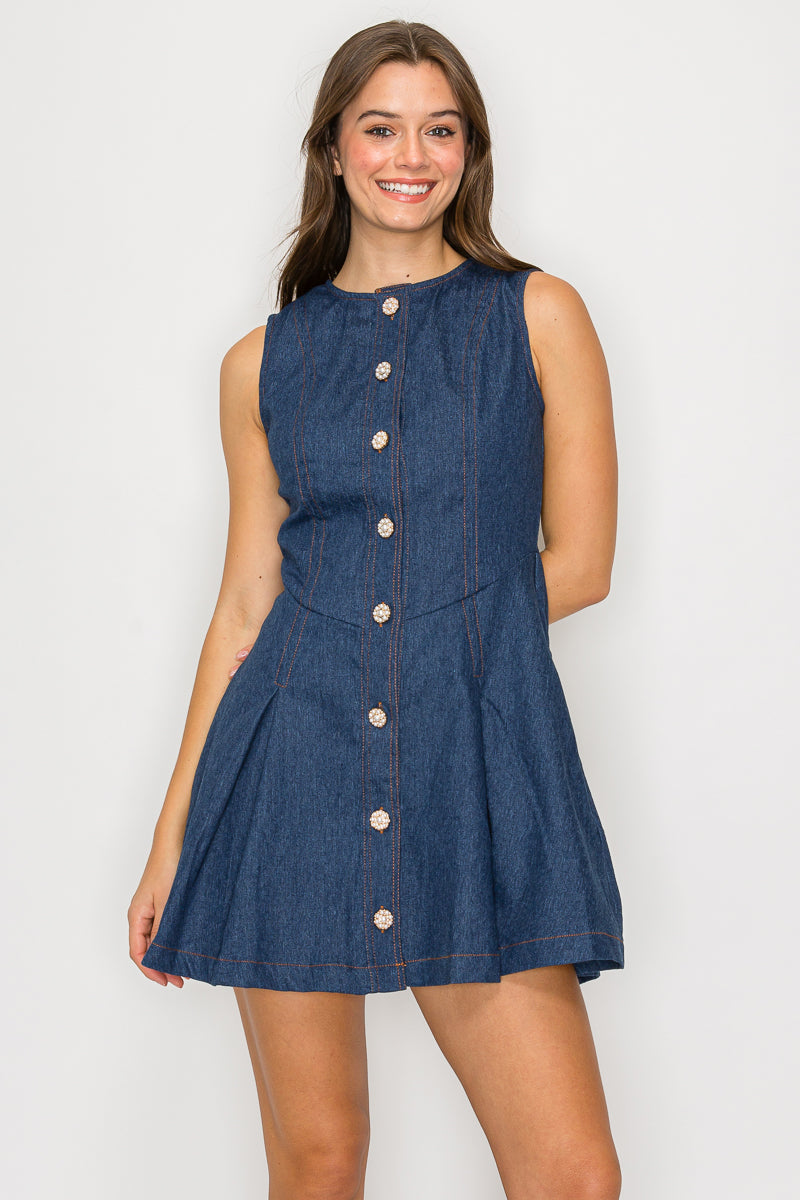 Denim Fit & Flare Mini Dress with Pearl Jewel Button