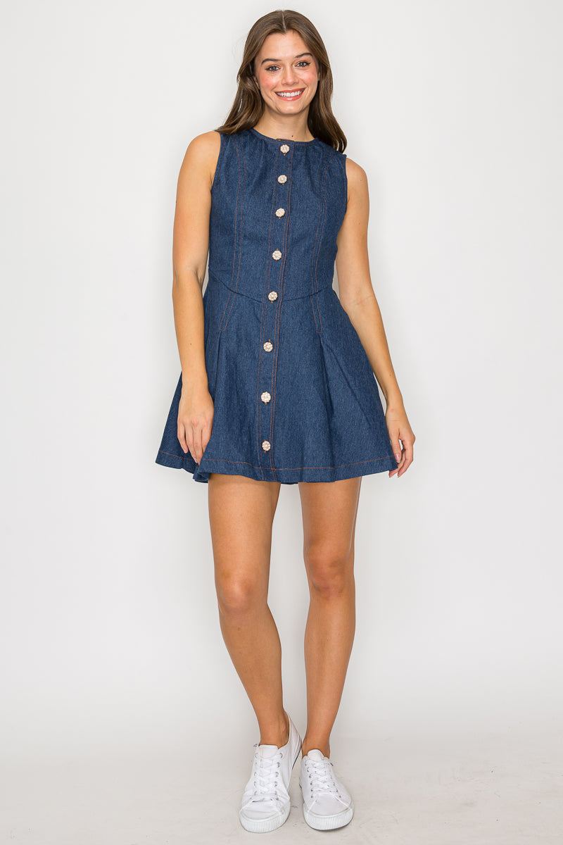 Denim Fit & Flare Mini Dress with Pearl Jewel Button