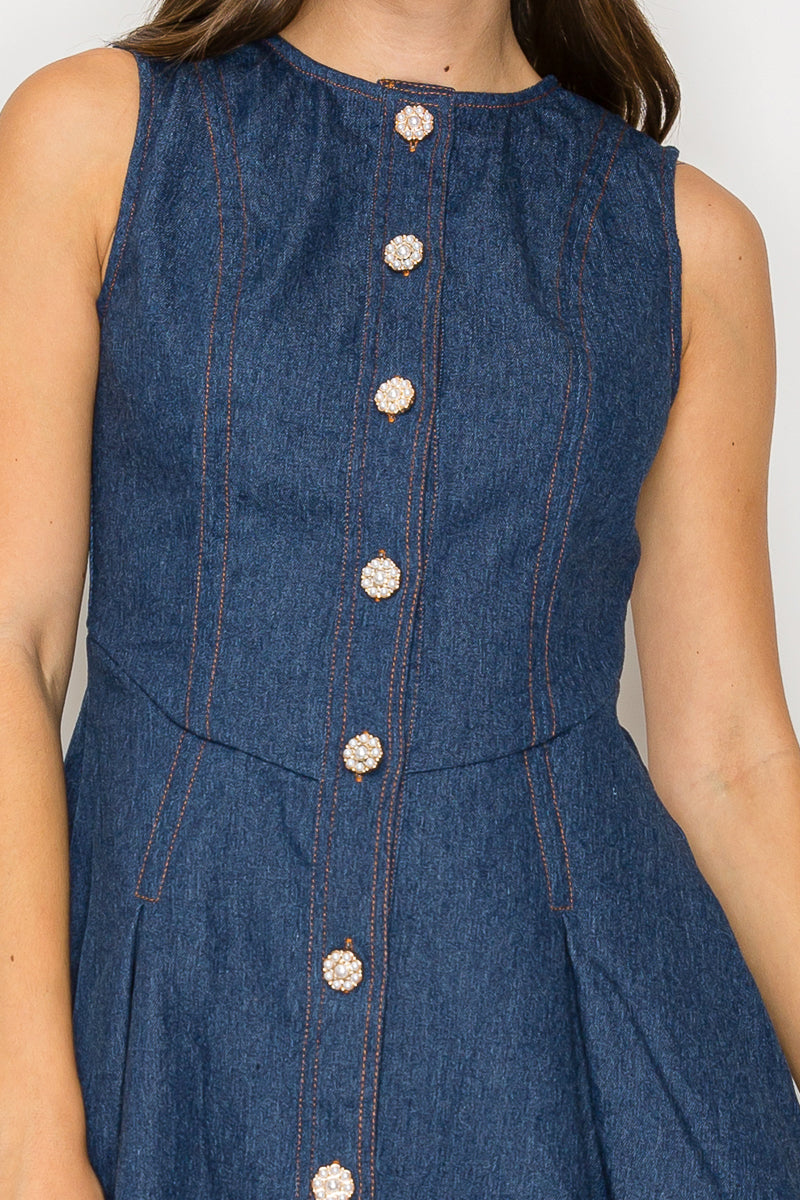 Denim Fit & Flare Mini Dress with Pearl Jewel Button