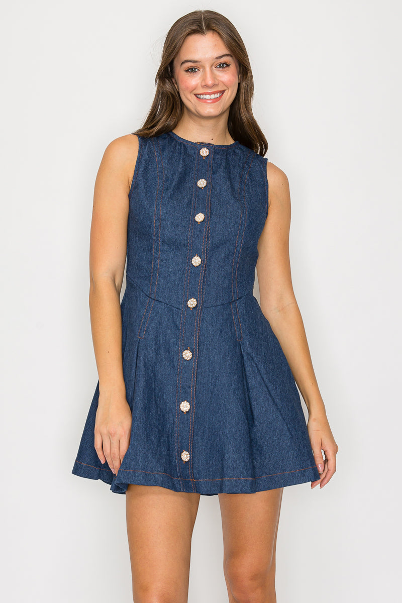 Denim Fit & Flare Mini Dress with Pearl Jewel Button
