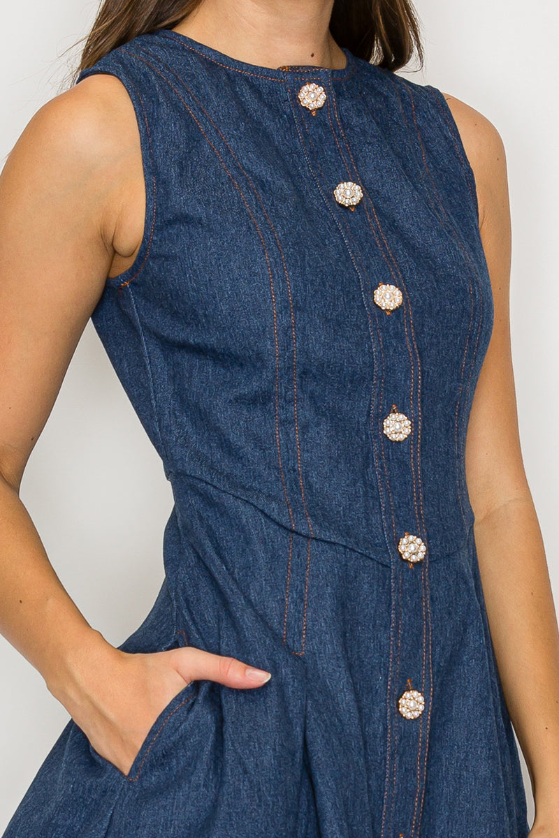 Denim Fit & Flare Mini Dress with Pearl Jewel Button