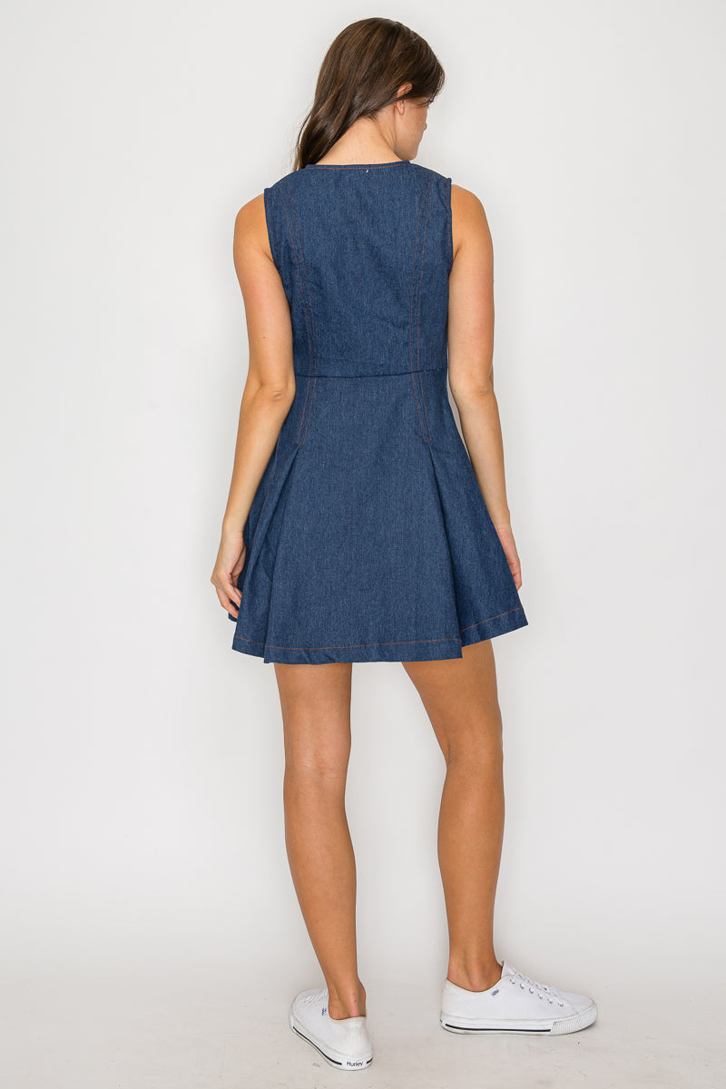 Denim Fit & Flare Mini Dress with Pearl Jewel Button