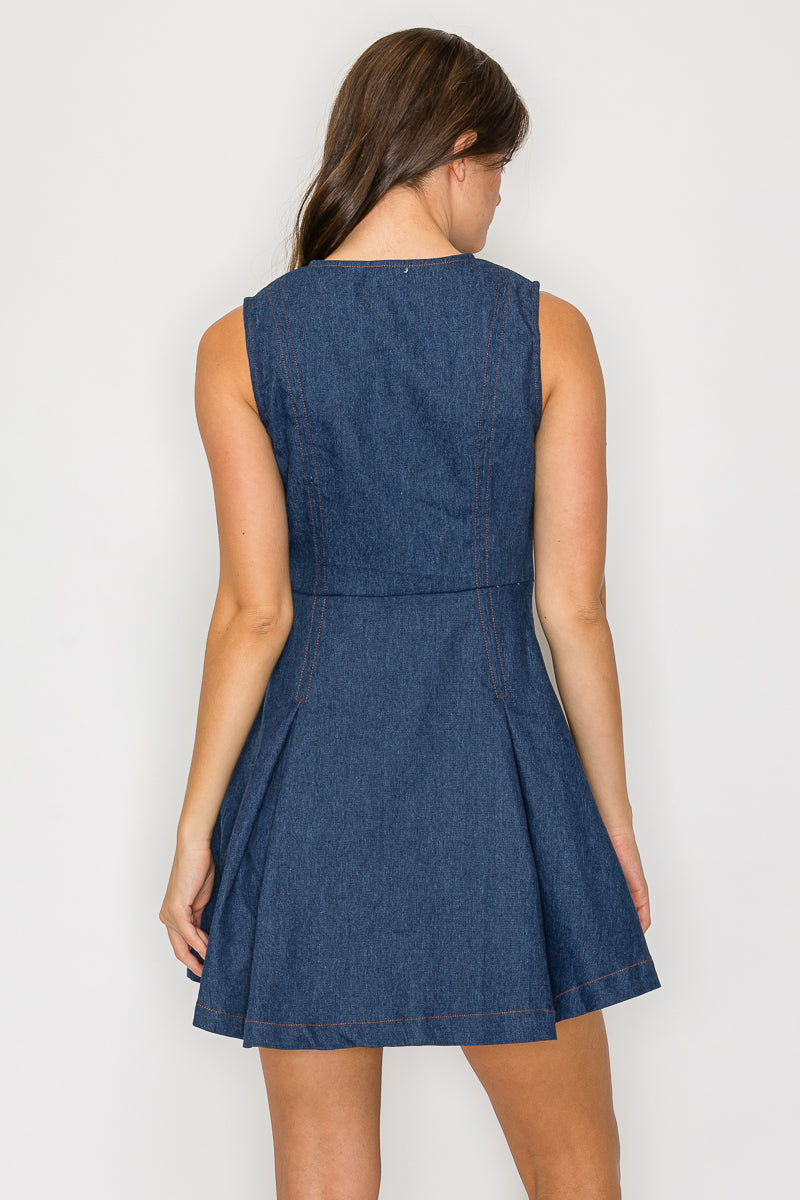 Denim Fit & Flare Mini Dress with Pearl Jewel Button