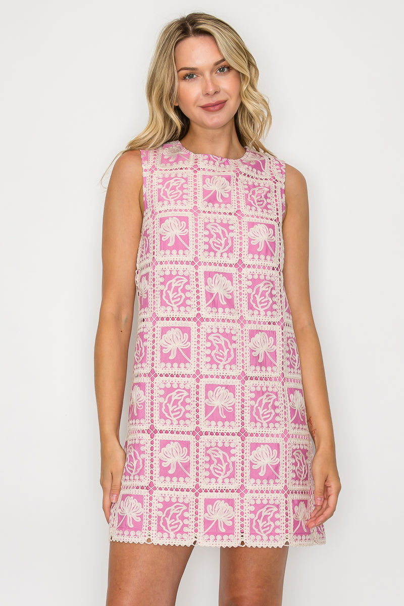 Orchid Pink Lace Patch Work Mini Shift Dress Pink Floral Crochet Shift Dress