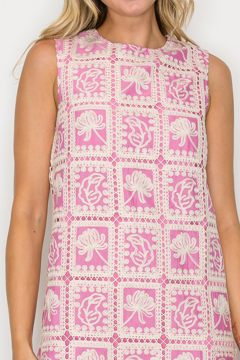 Orchid Pink Lace Patch Work Mini Shift Dress Pink Floral Crochet Shift Dress