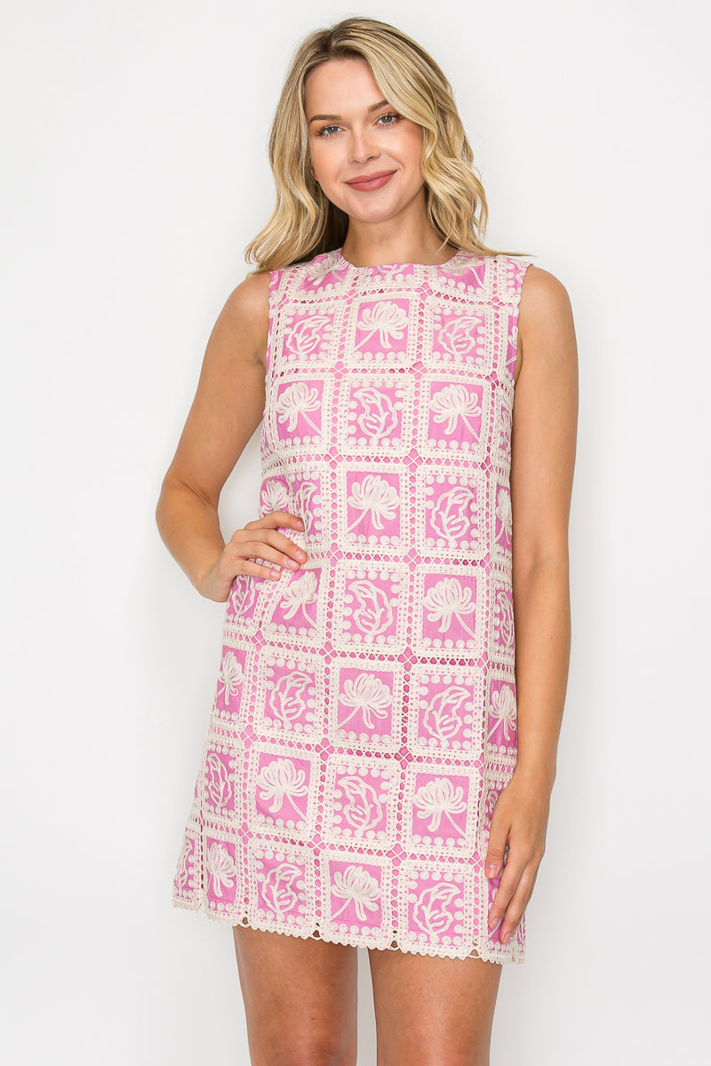 Orchid Pink Lace Patch Work Mini Shift Dress Pink Floral Crochet Shift Dress