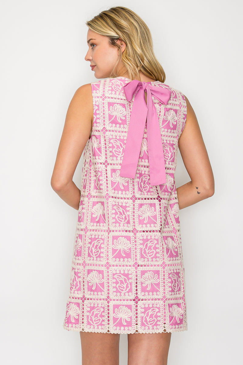 Orchid Pink Lace Patch Work Mini Shift Dress Pink Floral Crochet Shift Dress