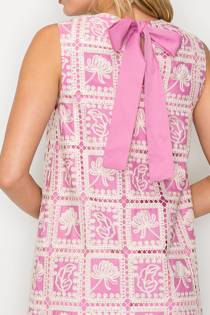 Orchid Pink Lace Patch Work Mini Shift Dress Pink Floral Crochet Shift Dress