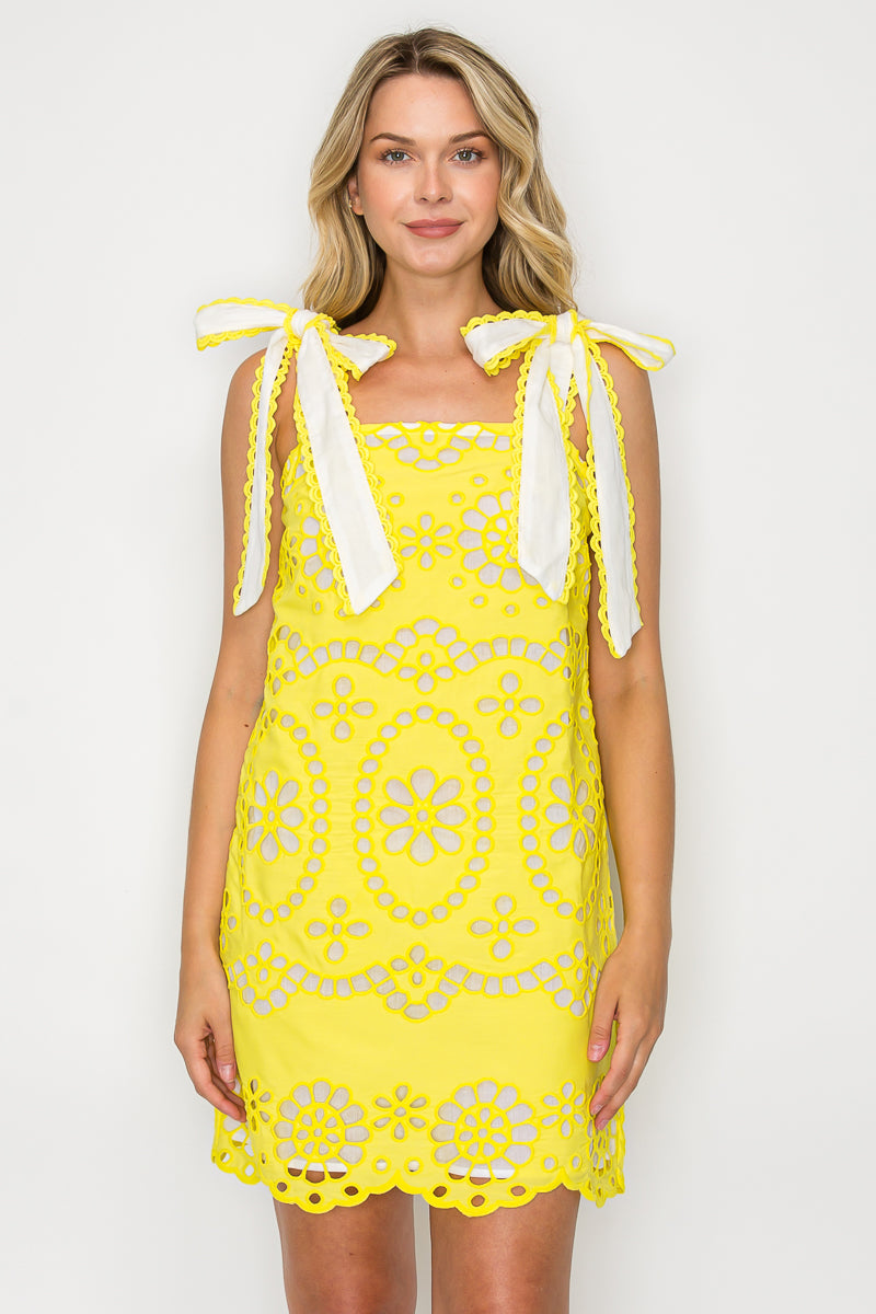 Lemon Yellow Daisy Eyelet Embroidery Mini Dress  Sunbeam Eyelet Mini Dress with Shoulder Bows