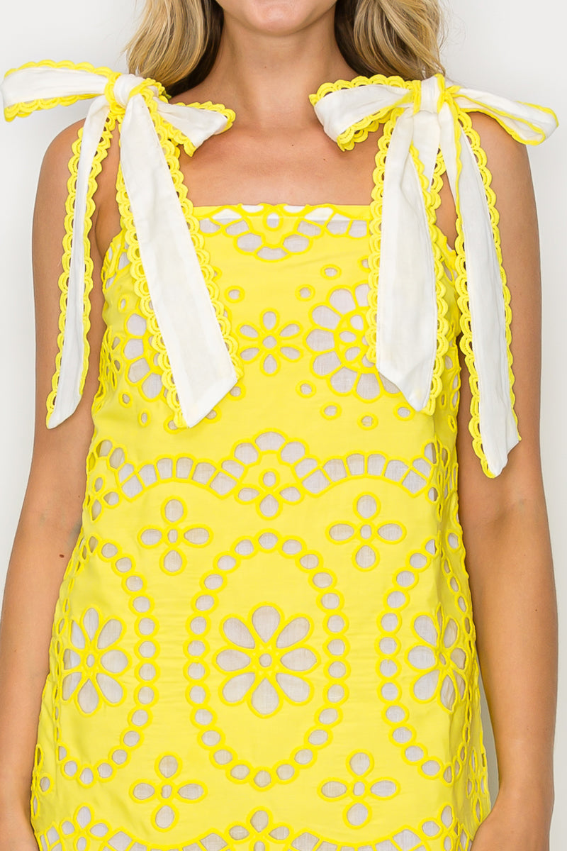 Lemon Yellow Daisy Eyelet Embroidery Mini Dress  Sunbeam Eyelet Mini Dress with Shoulder Bows