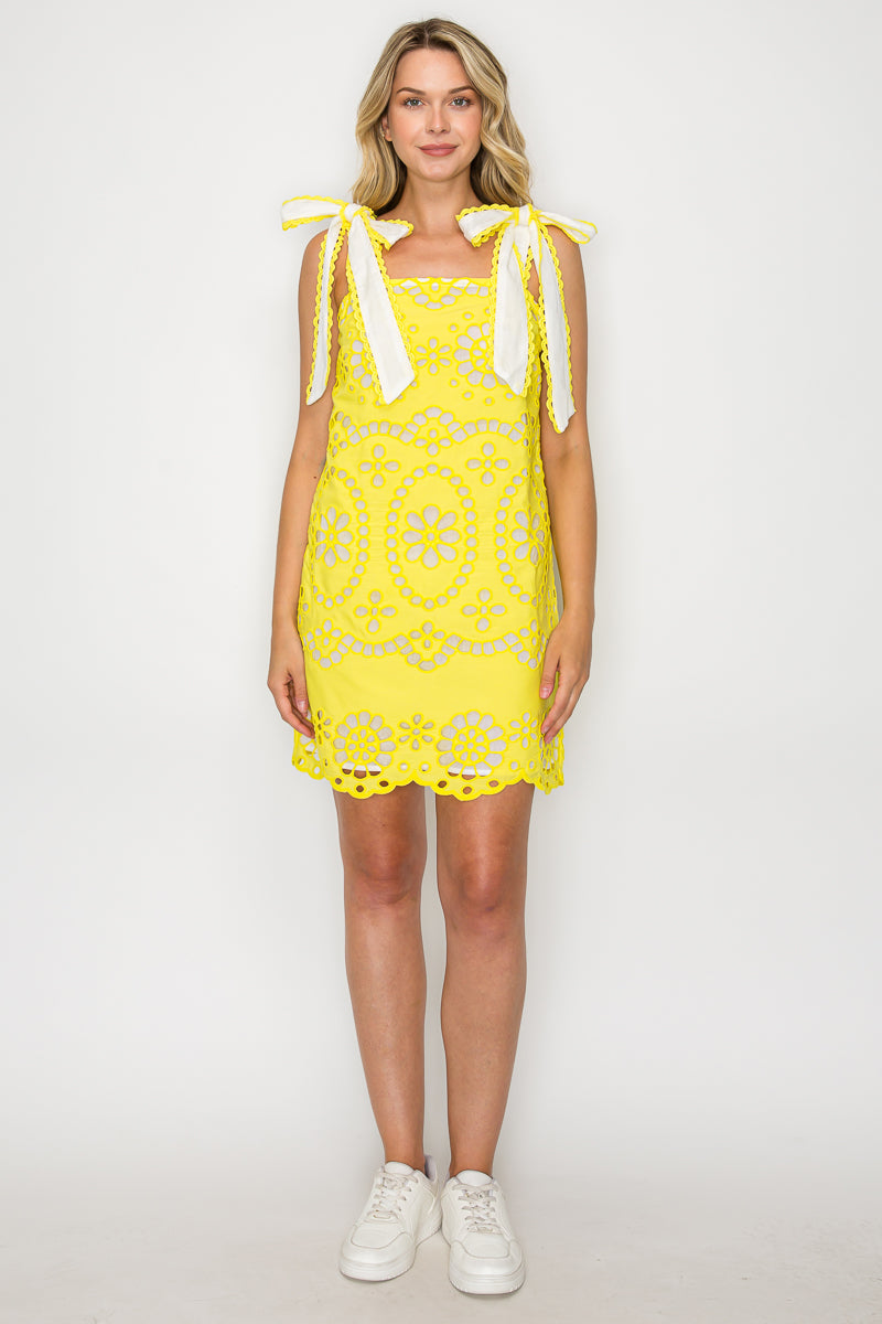 Lemon Yellow Daisy Eyelet Embroidery Mini Dress  Sunbeam Eyelet Mini Dress with Shoulder Bows
