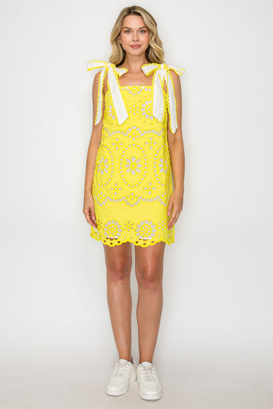 Lemon Yellow Daisy Eyelet Embroidery Mini Dress  Sunbeam Eyelet Mini Dress with Shoulder Bows