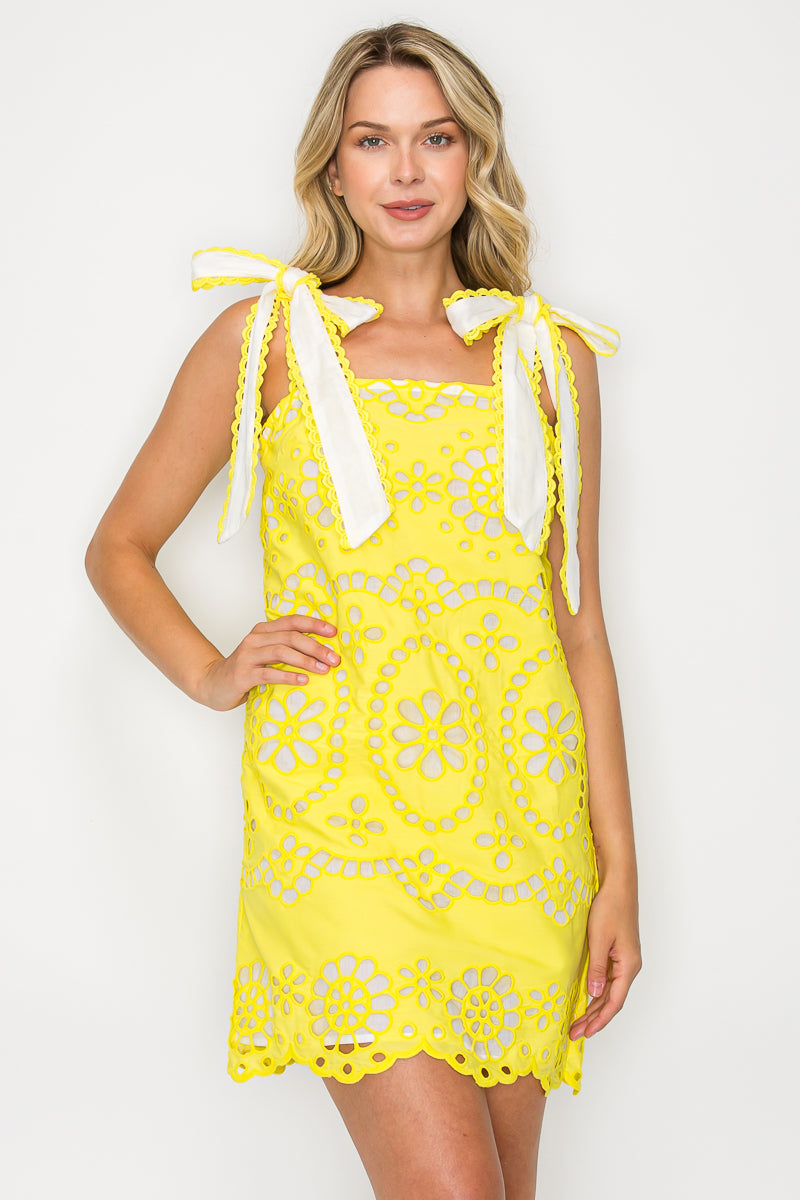 Lemon Yellow Daisy Eyelet Embroidery Mini Dress  Sunbeam Eyelet Mini Dress with Shoulder Bows