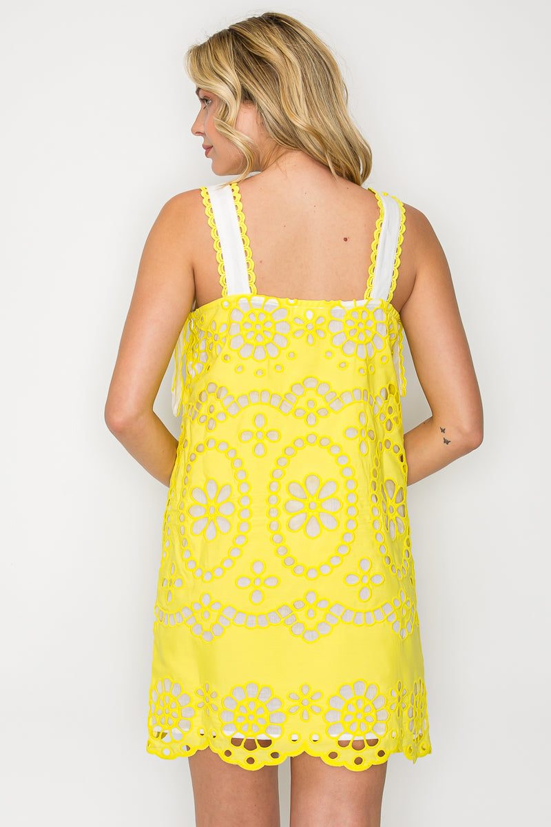 Lemon Yellow Daisy Eyelet Embroidery Mini Dress  Sunbeam Eyelet Mini Dress with Shoulder Bows