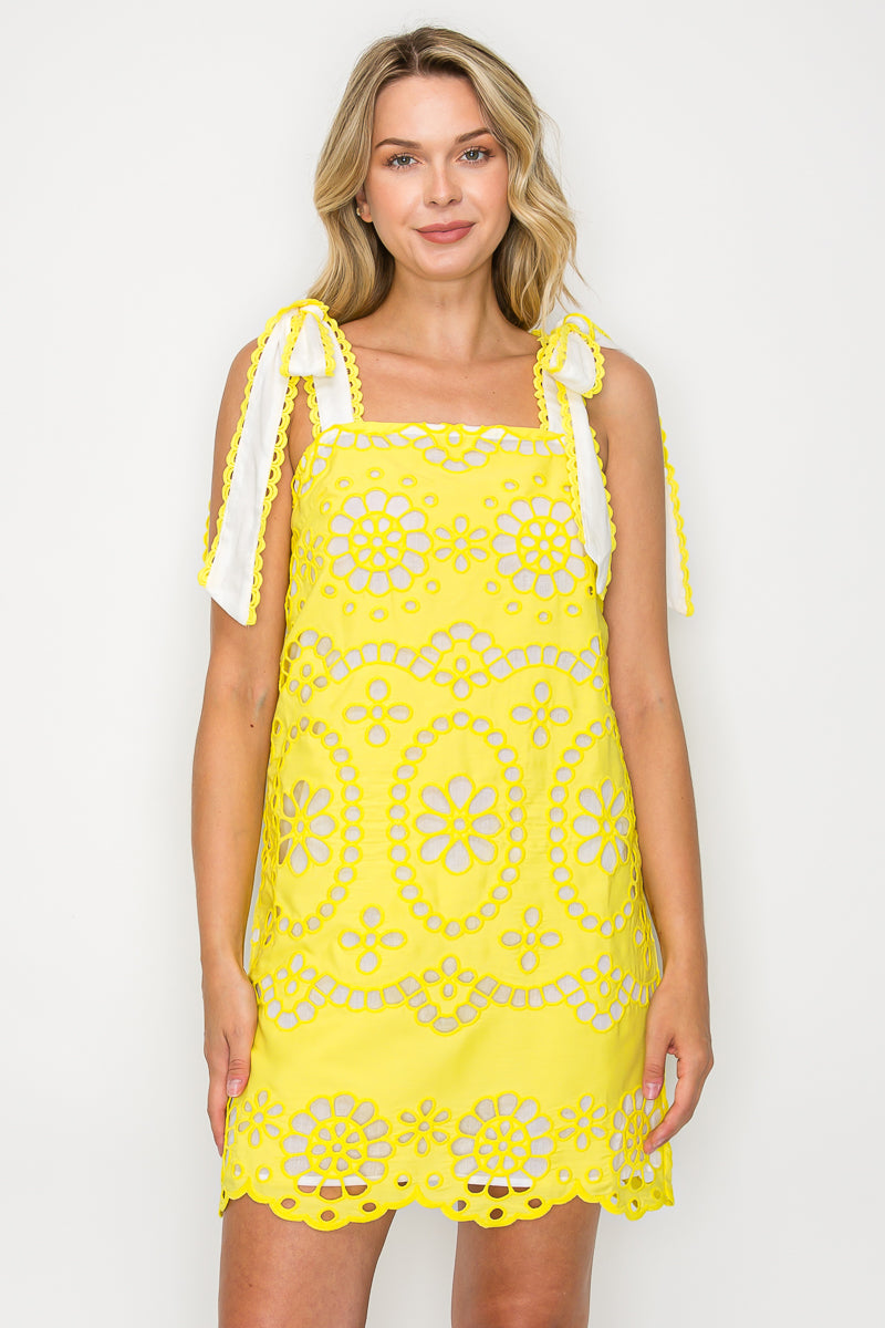 Lemon Yellow Daisy Eyelet Embroidery Mini Dress  Sunbeam Eyelet Mini Dress with Shoulder Bows